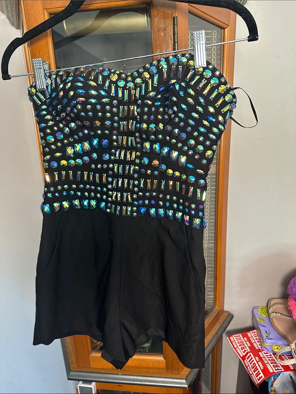 Guess Black Strapless Romper with Multicolor Iridescent Embellishments